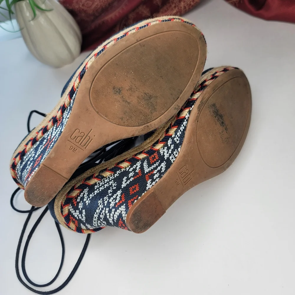 Cabi Wedge Sandals Blue Boho Ankle Wrap Size 9